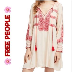 Free People Wind Willow
dress Embroidered Cream and Red Women's boho dress
